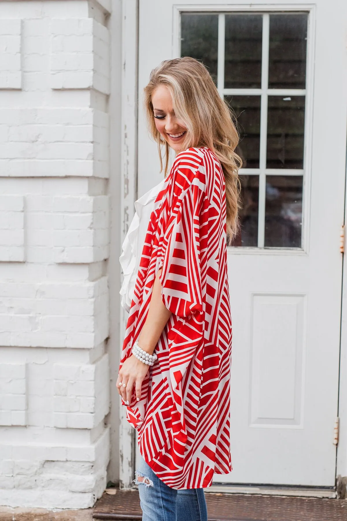 Radiant in Red Short Sleeve Kimono- Ivory