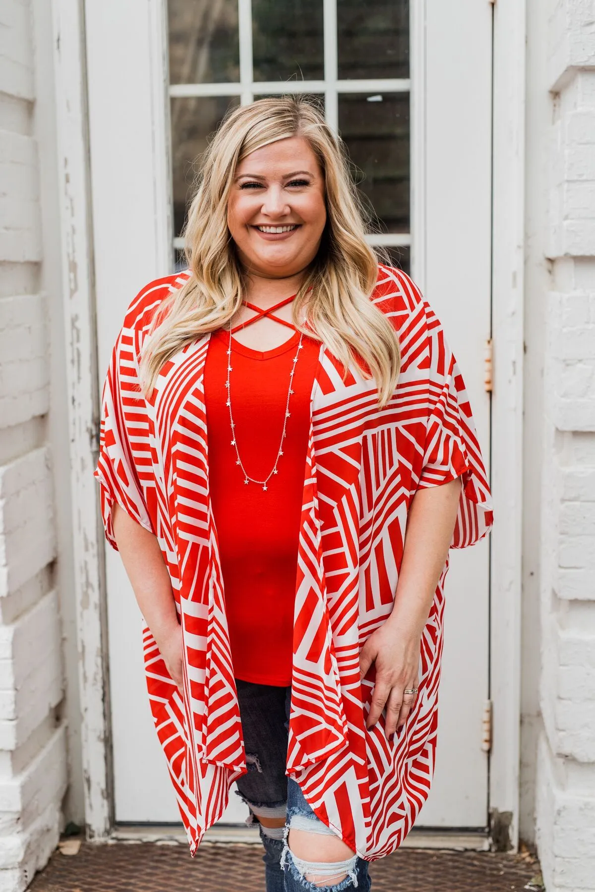 Radiant in Red Short Sleeve Kimono- Ivory