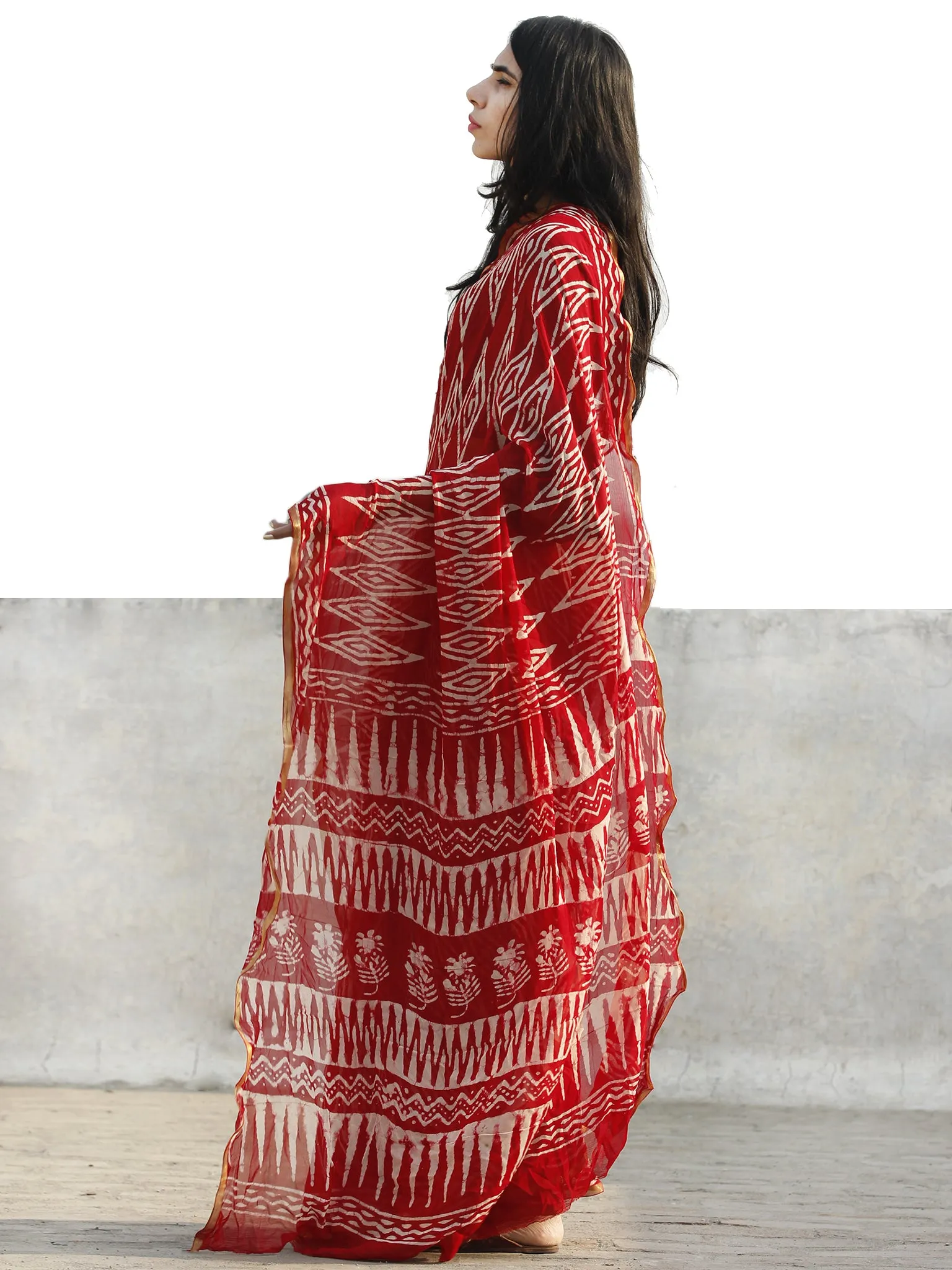 Red and White  Hand Block Printed Chiffon Saree with Zari border- S031702705