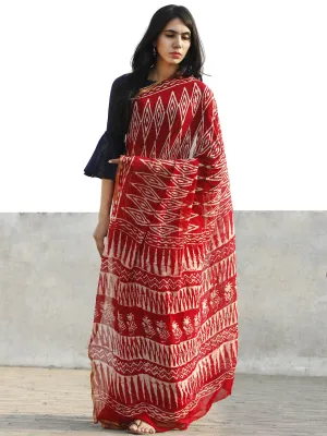 Red and White  Hand Block Printed Chiffon Saree with Zari border- S031702705