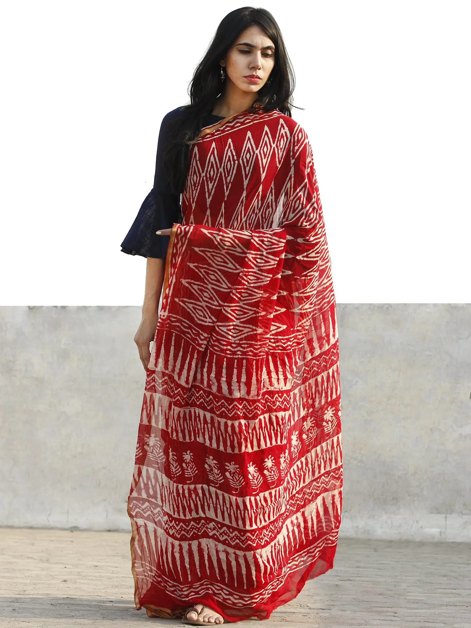 Red and White  Hand Block Printed Chiffon Saree with Zari border- S031702705