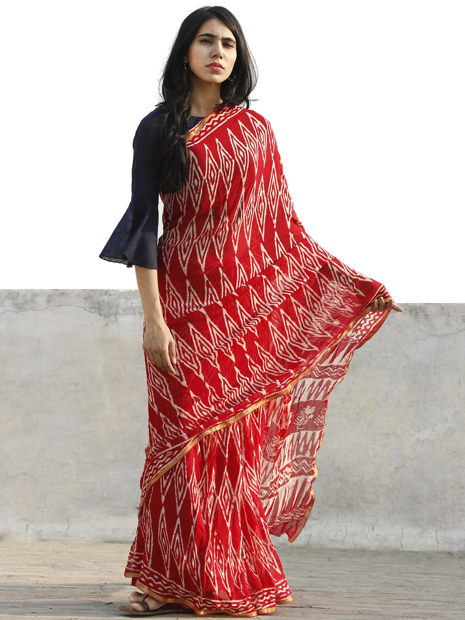 Red and White  Hand Block Printed Chiffon Saree with Zari border- S031702705