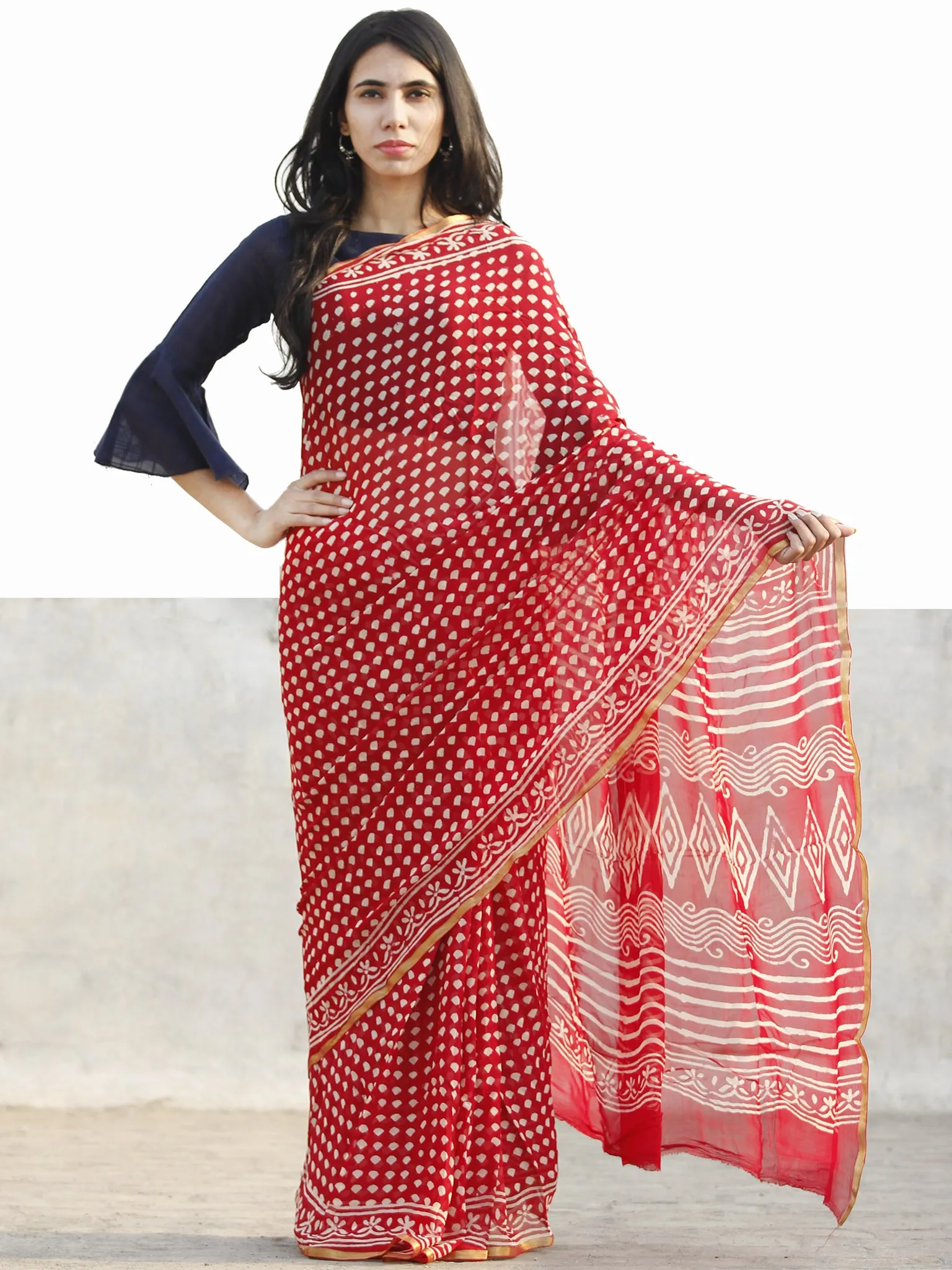 Red and White  Hand Block Printed Chiffon Saree with Zari border- S031702717