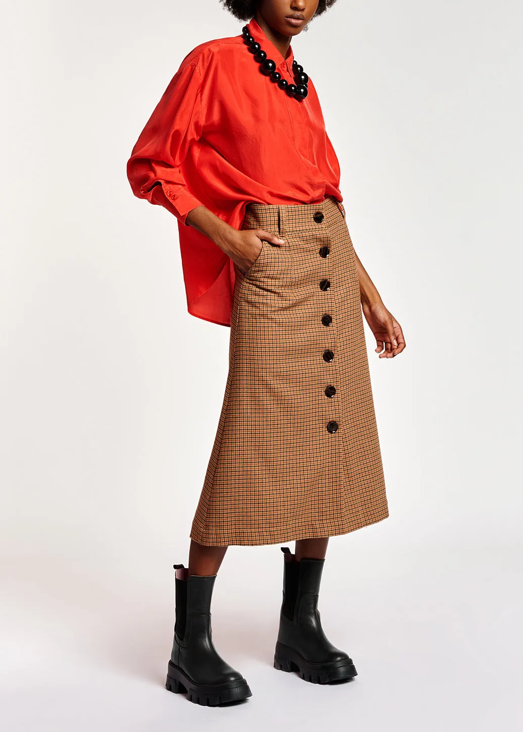 Red loose-fit silk shirt