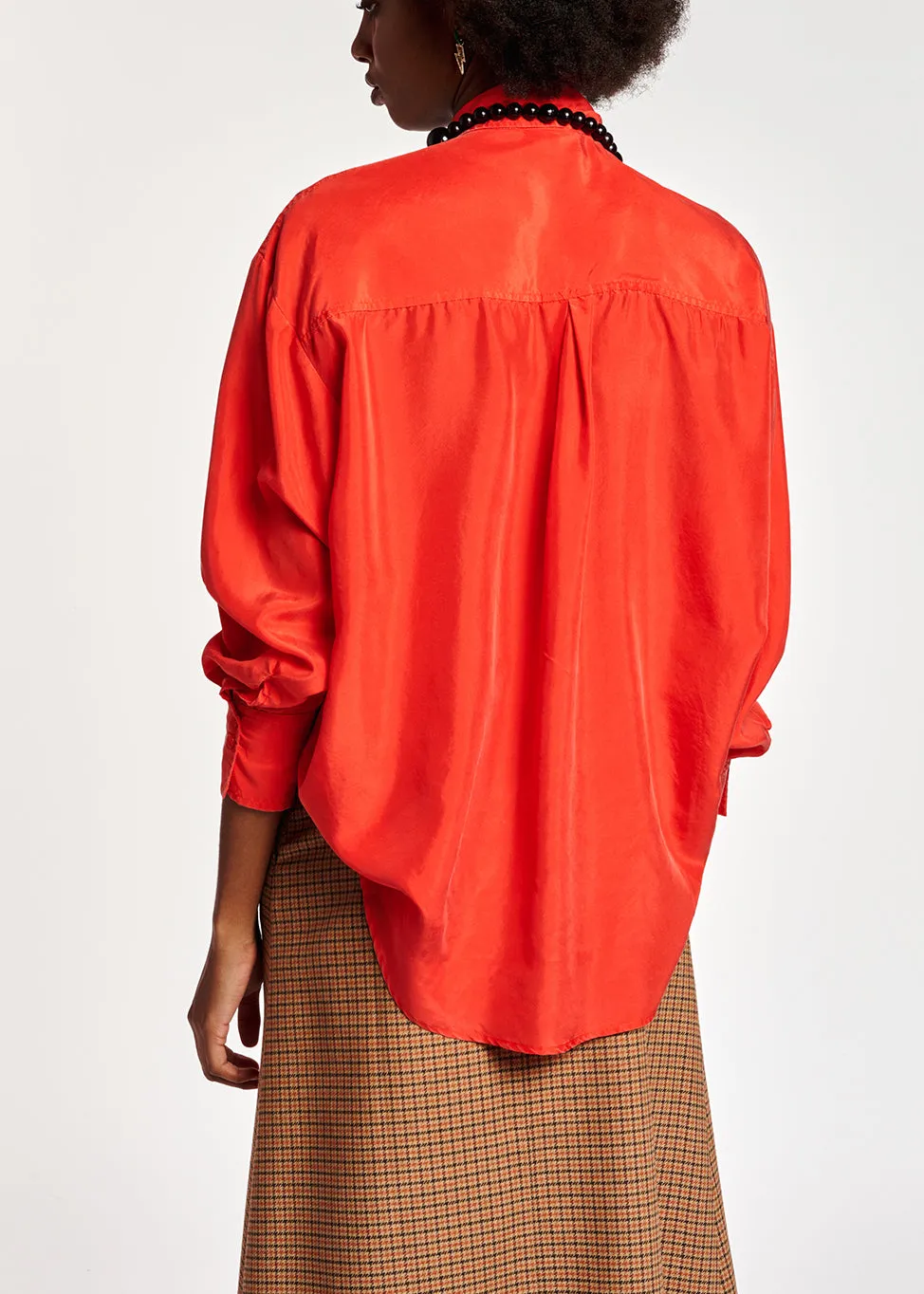 Red loose-fit silk shirt