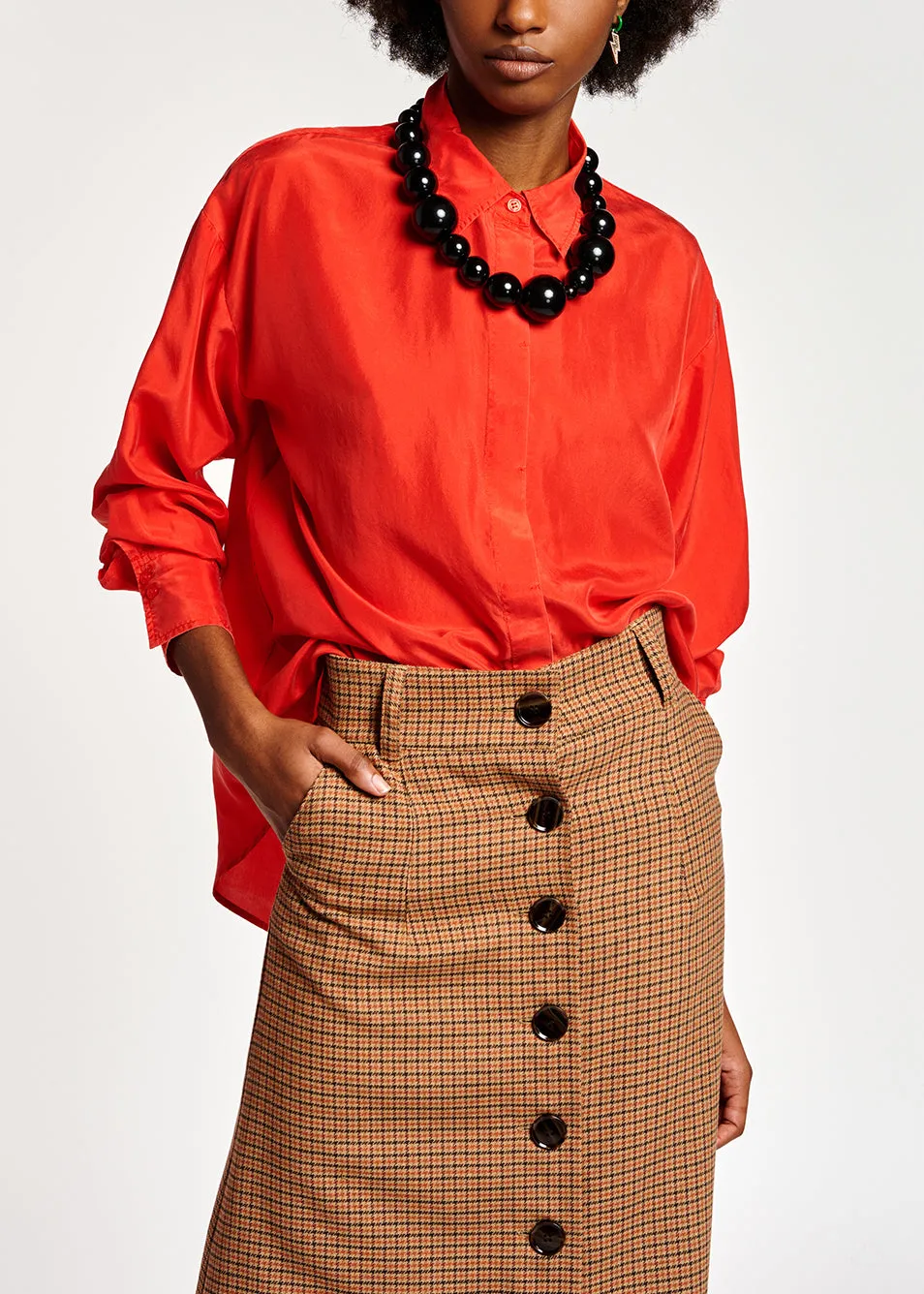 Red loose-fit silk shirt