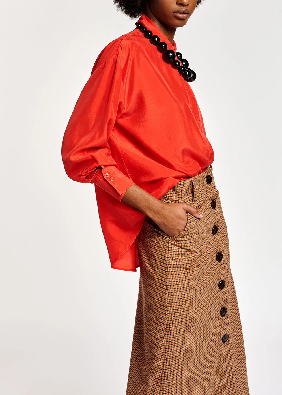 Red loose-fit silk shirt