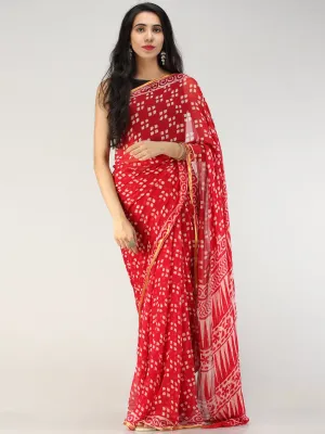 Red OffWhite Hand Block Printed Chiffon Saree with Zari Border - S031704563