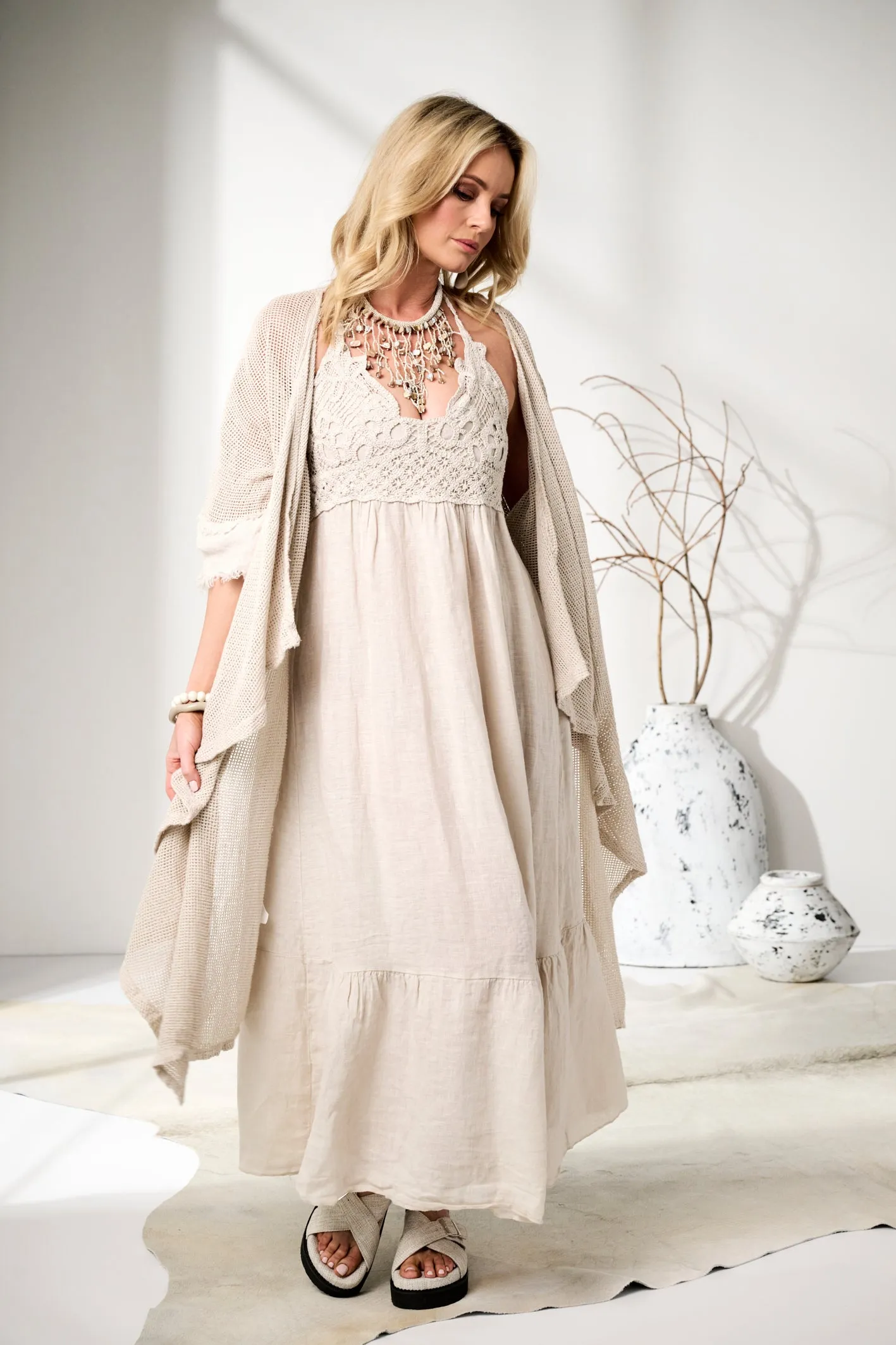 'Ruby' Mesh Long Linen Boho Kimono - Sand