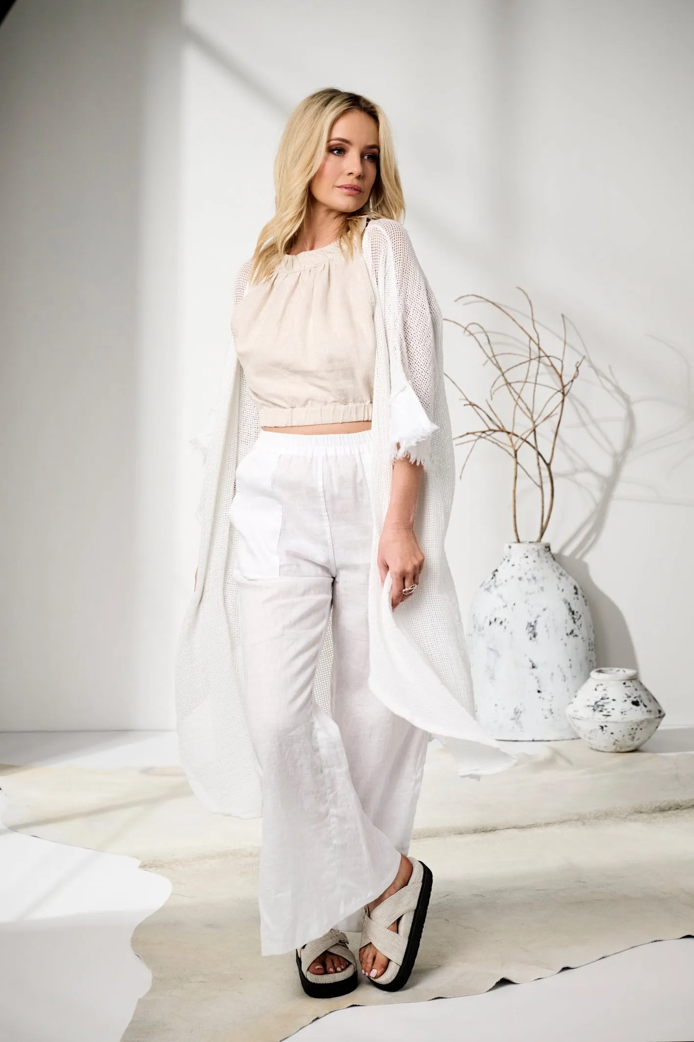 'Ruby' Mesh Long Linen Boho Kimono - White