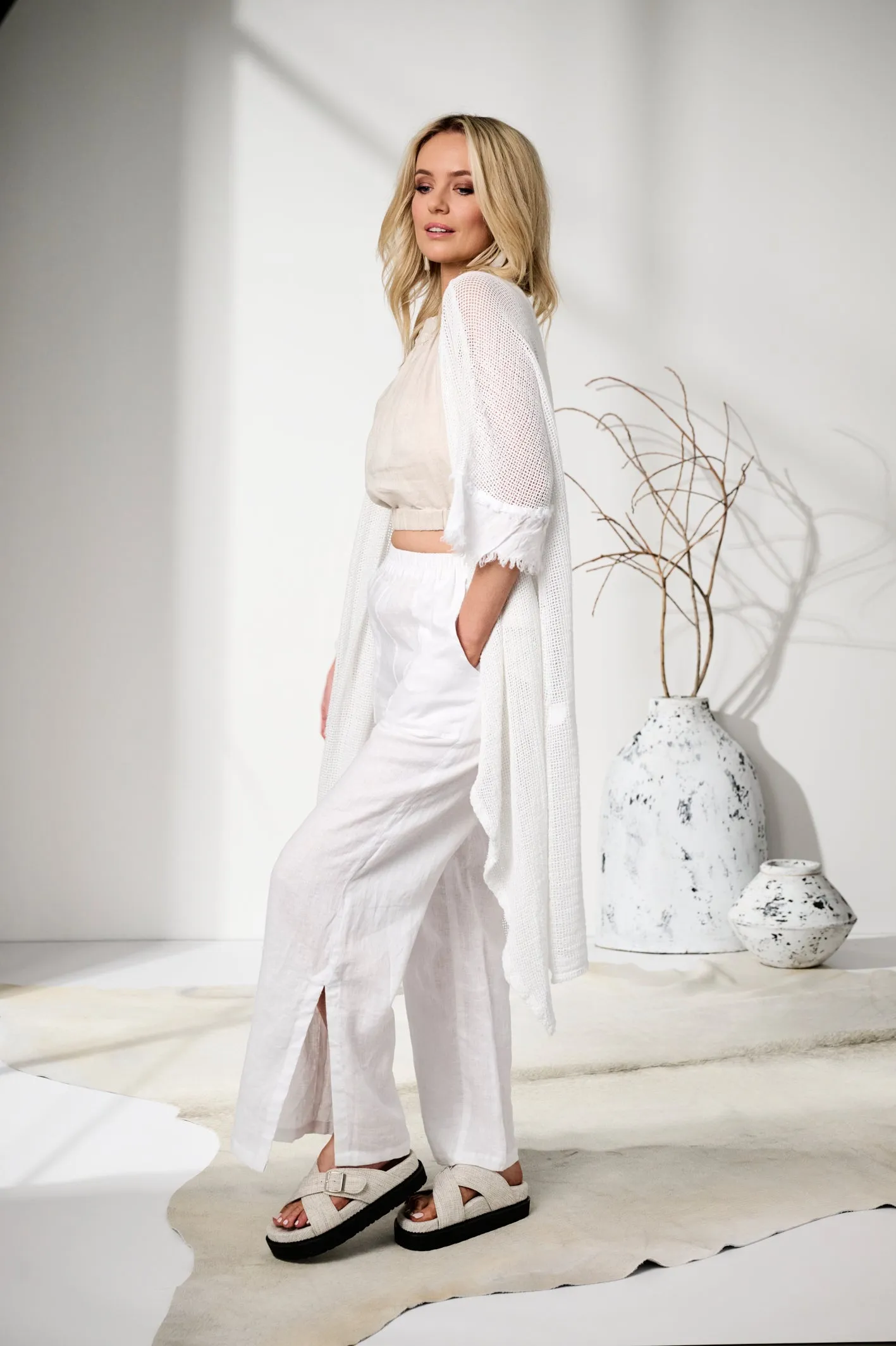 'Ruby' Mesh Long Linen Boho Kimono - White