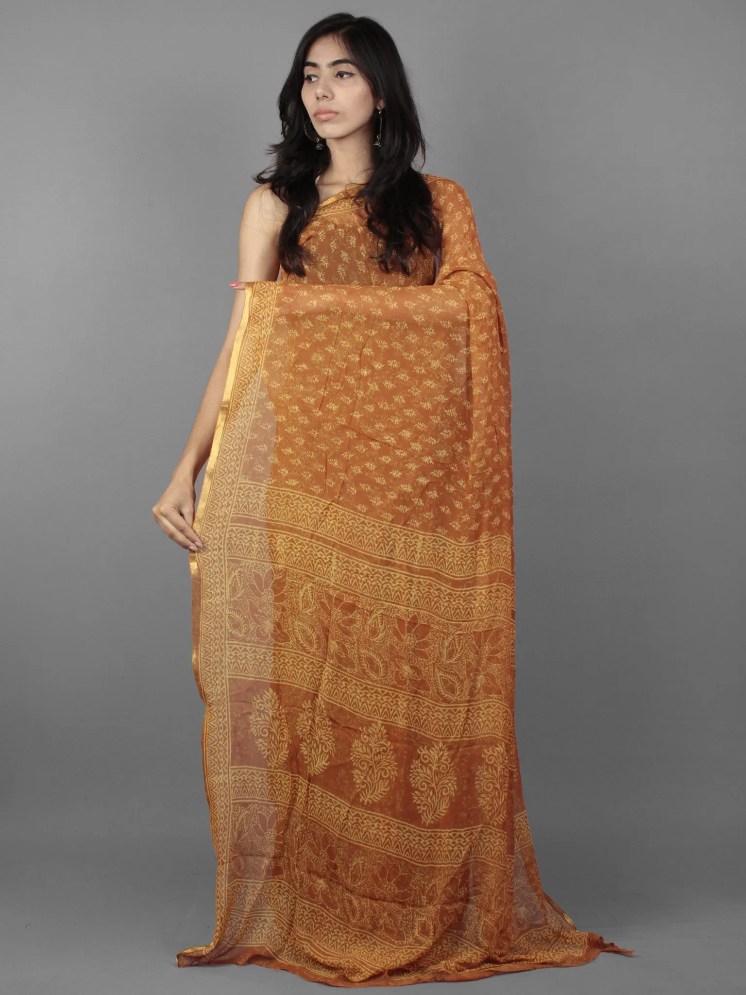 Rust Yellow Hand Block Printed Chiffon Saree - S031701889