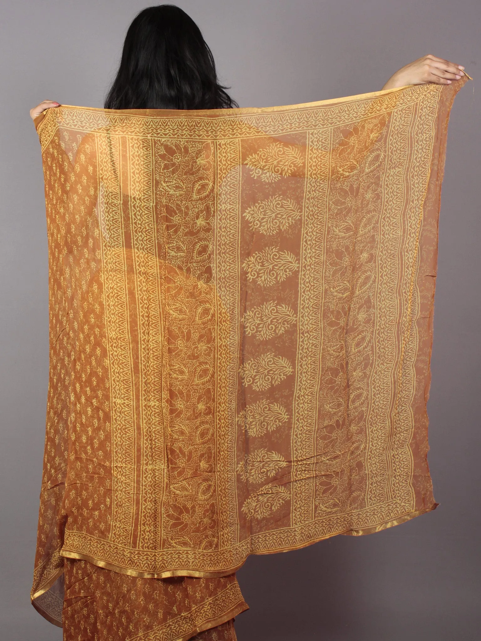 Rust Yellow Hand Block Printed Chiffon Saree - S031701889