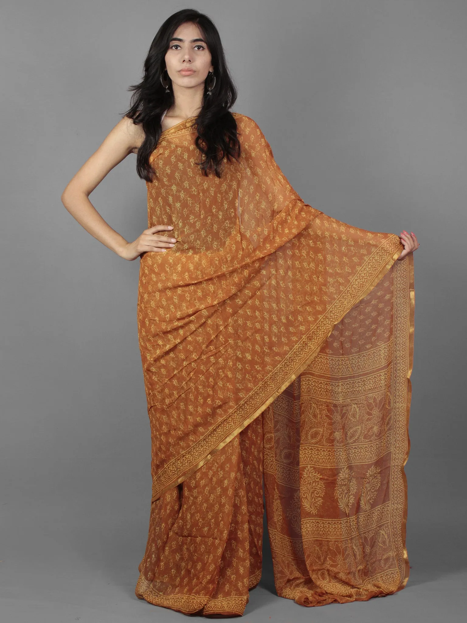 Rust Yellow Hand Block Printed Chiffon Saree - S031701889