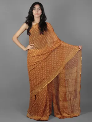 Rust Yellow Hand Block Printed Chiffon Saree - S031701889