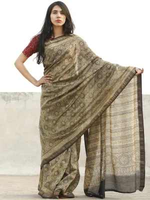 Shaded Ivory Black  Chanderi Silk Ajrakh Hand Block Printed Saree With Zari Border - S031702646
