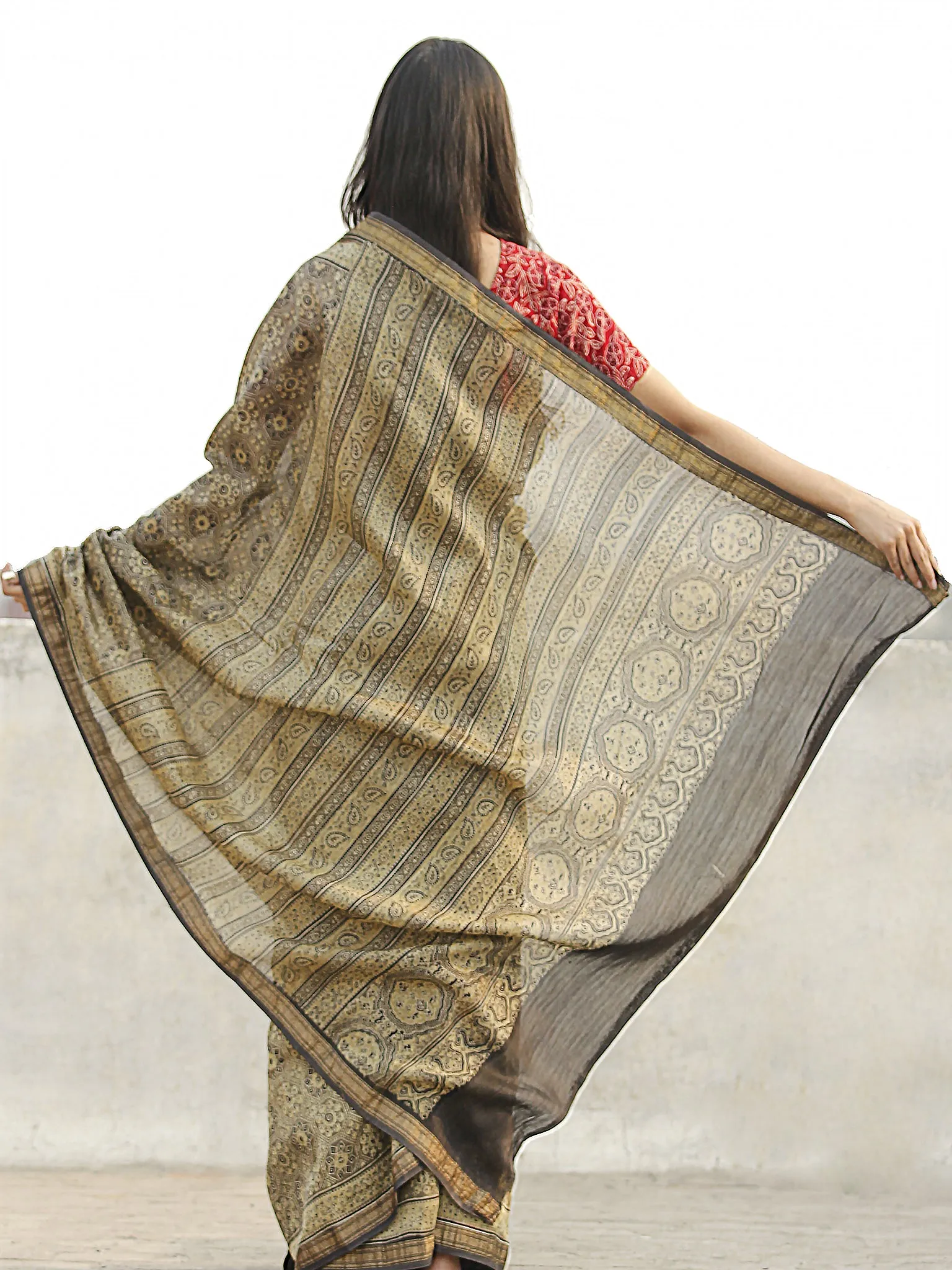 Shaded Ivory Black  Chanderi Silk Ajrakh Hand Block Printed Saree With Zari Border - S031702646