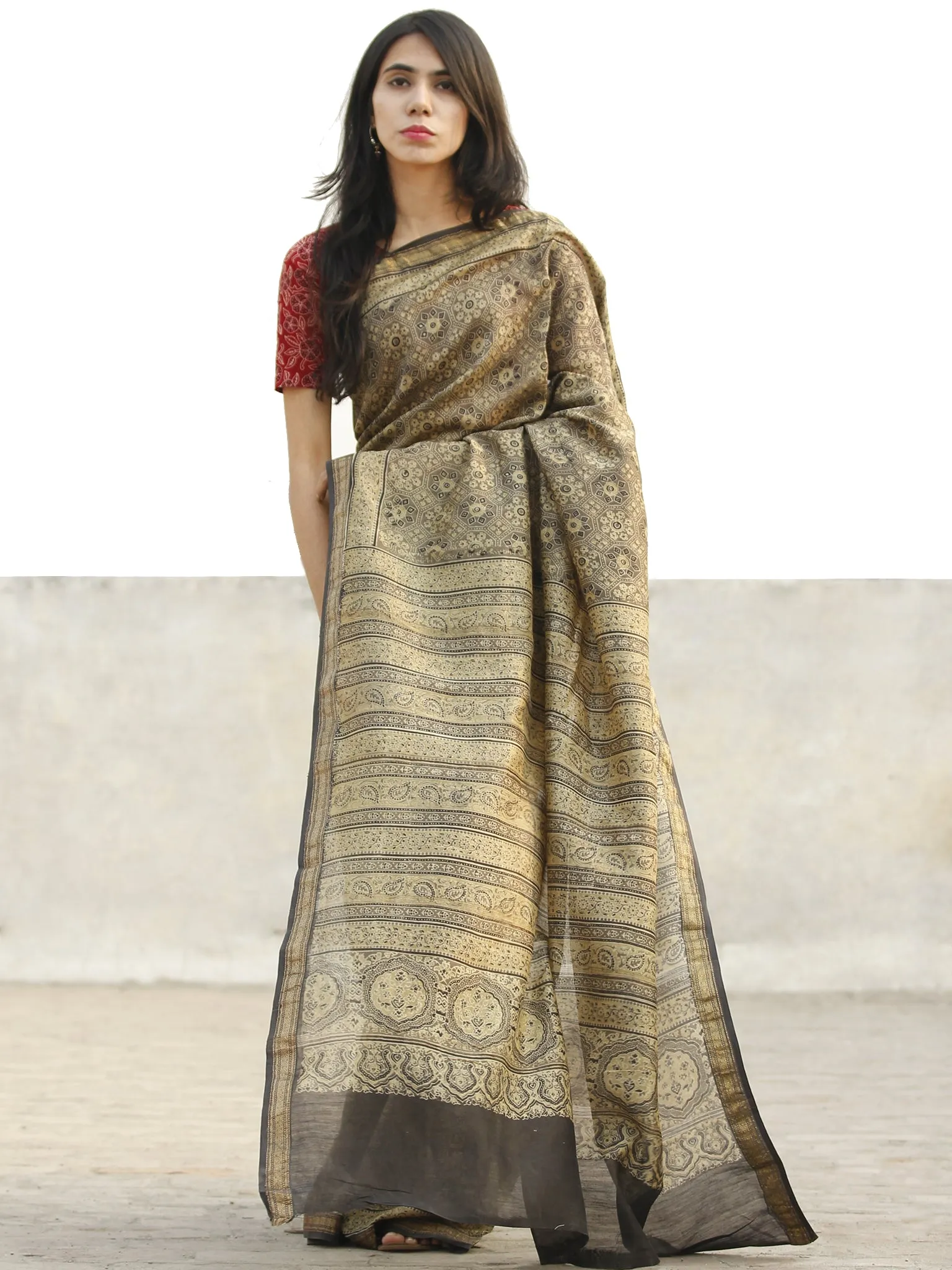 Shaded Ivory Black  Chanderi Silk Ajrakh Hand Block Printed Saree With Zari Border - S031702646
