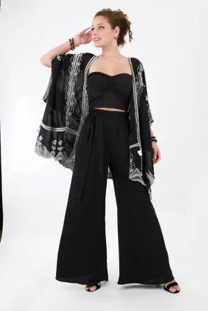 Sheer Black Drop Sleeve Kimono with Contrast Cream Embroidery - Black