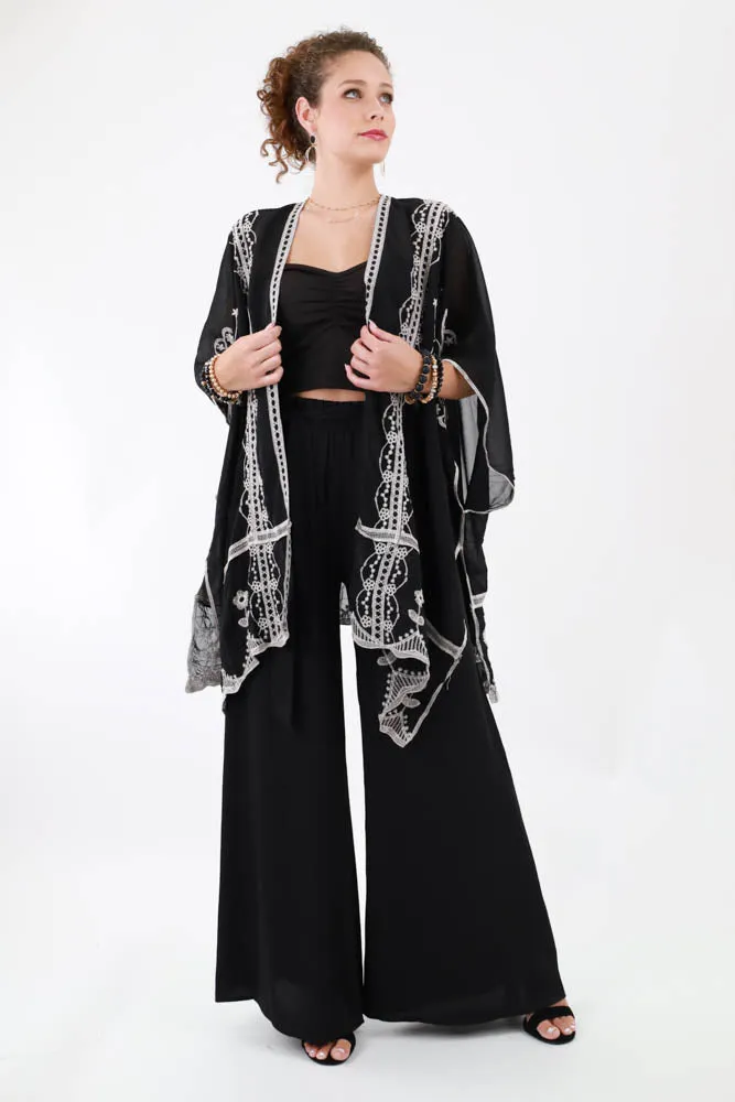 Sheer Black Drop Sleeve Kimono with Contrast Cream Embroidery - Black