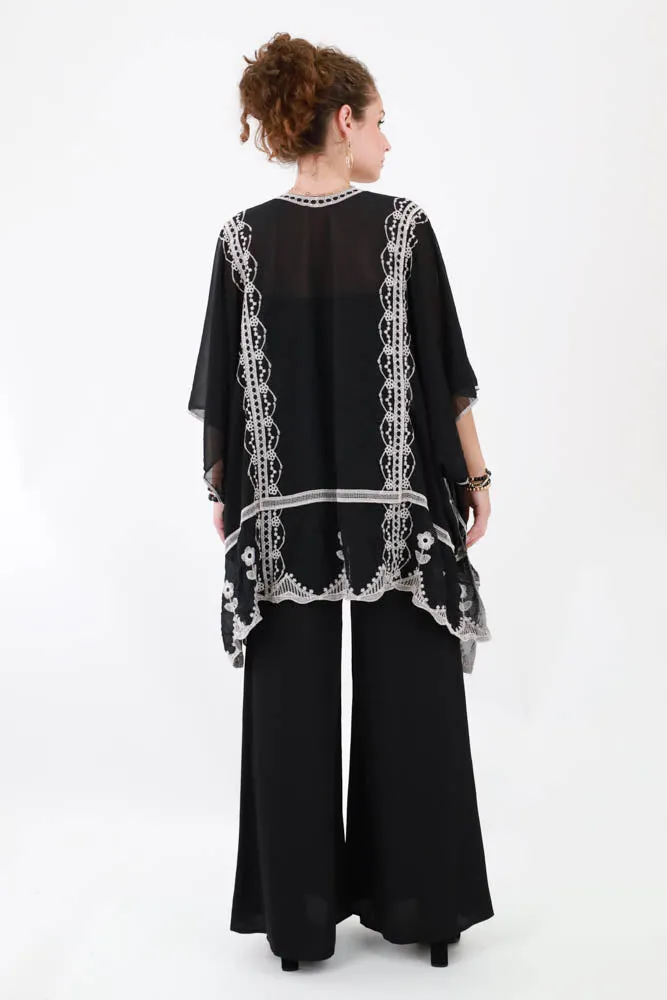 Sheer Black Drop Sleeve Kimono with Contrast Cream Embroidery - Black