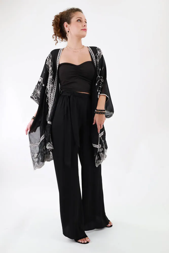 Sheer Black Drop Sleeve Kimono with Contrast Cream Embroidery - Black