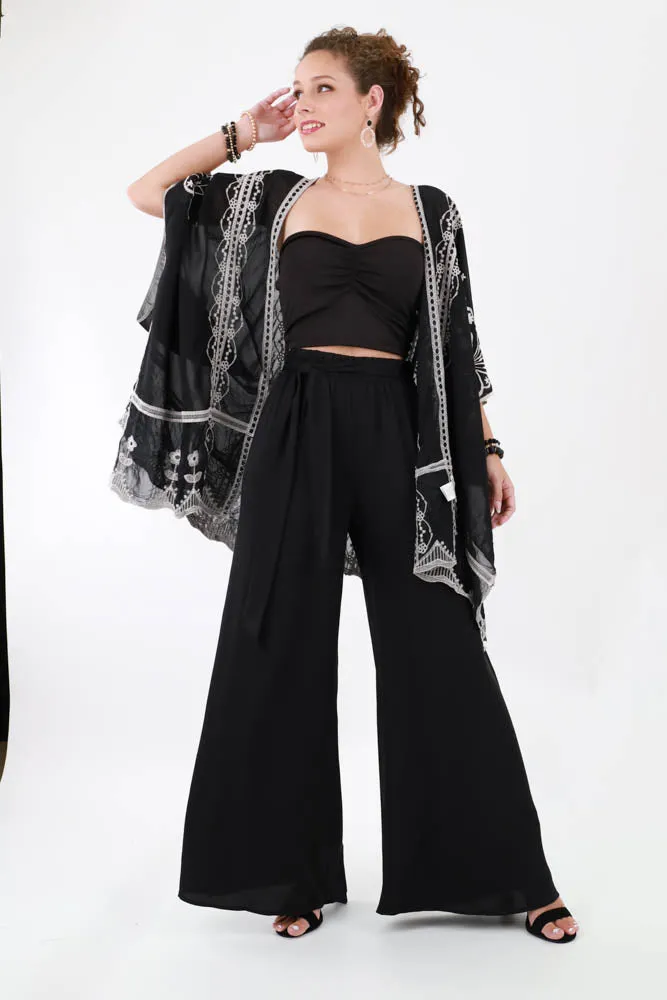 Sheer Black Drop Sleeve Kimono with Contrast Cream Embroidery - Black