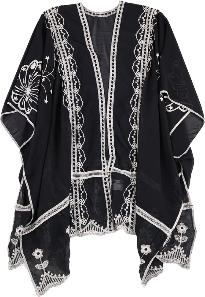 Sheer Black Drop Sleeve Kimono with Contrast Cream Embroidery - Black