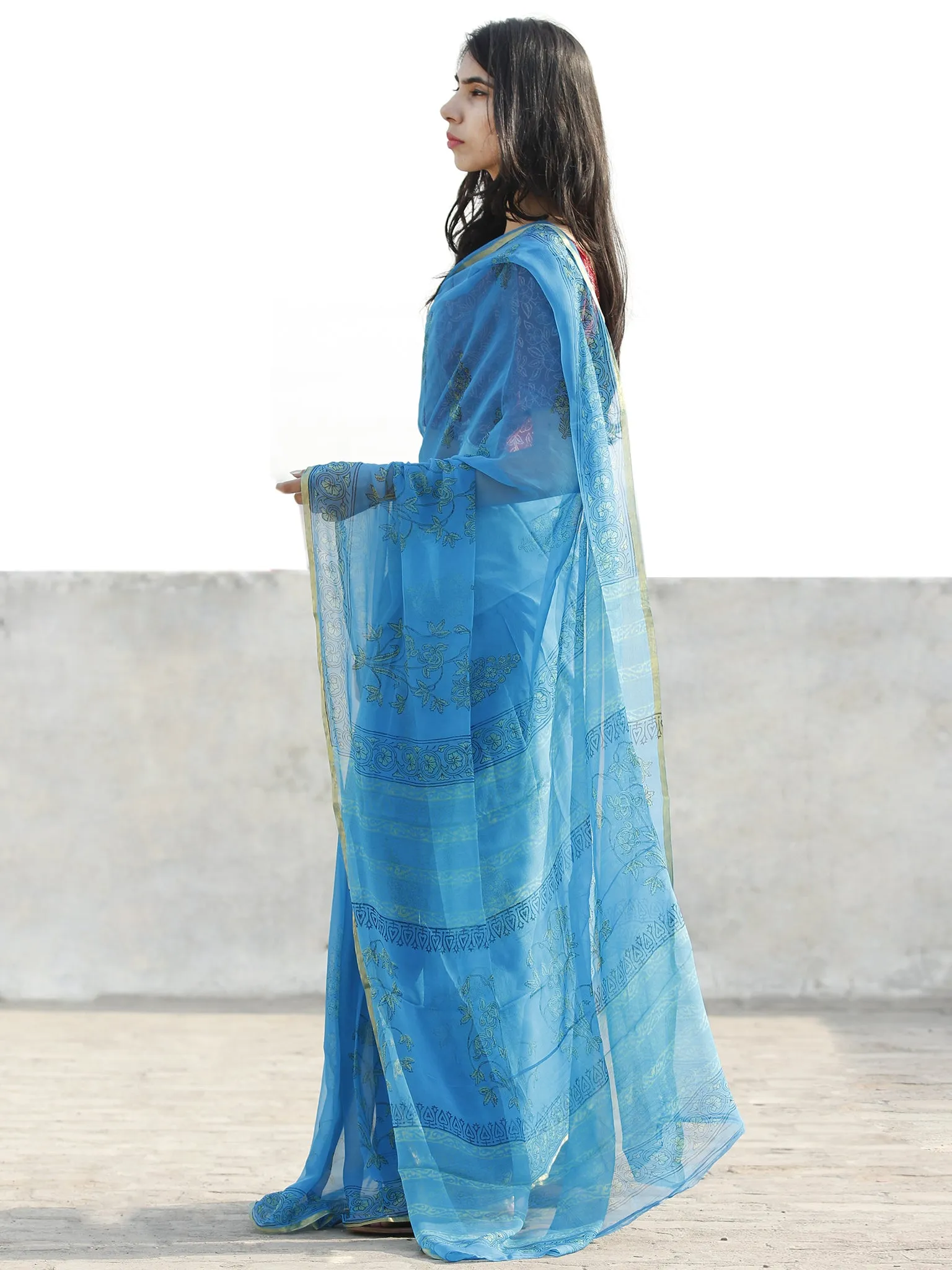 Sky Blue  Hand Block Printed Chiffon Saree with Zari border- S031702686