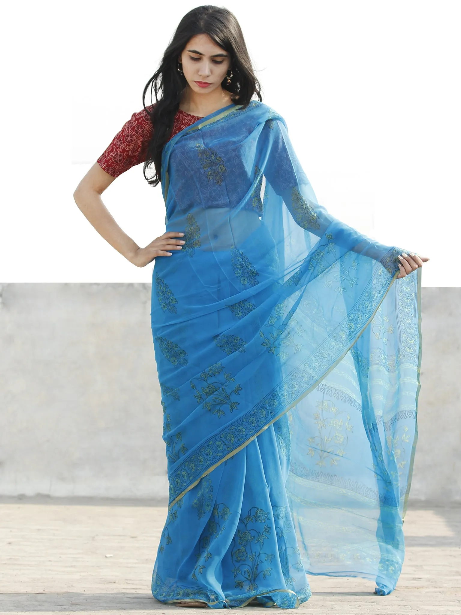 Sky Blue  Hand Block Printed Chiffon Saree with Zari border- S031702686