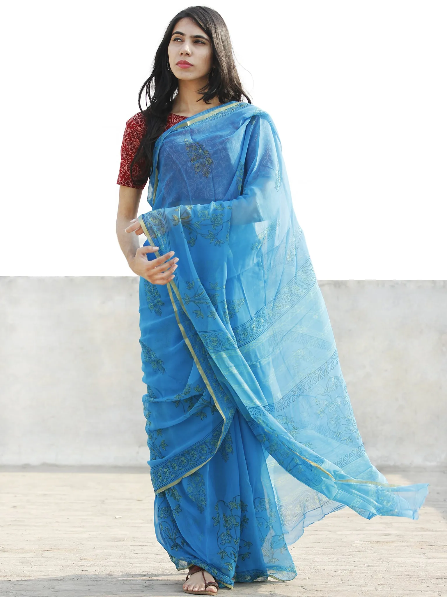 Sky Blue  Hand Block Printed Chiffon Saree with Zari border- S031702686