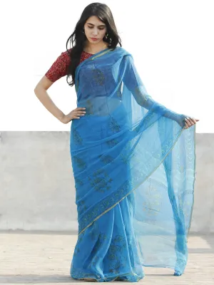 Sky Blue  Hand Block Printed Chiffon Saree with Zari border- S031702686
