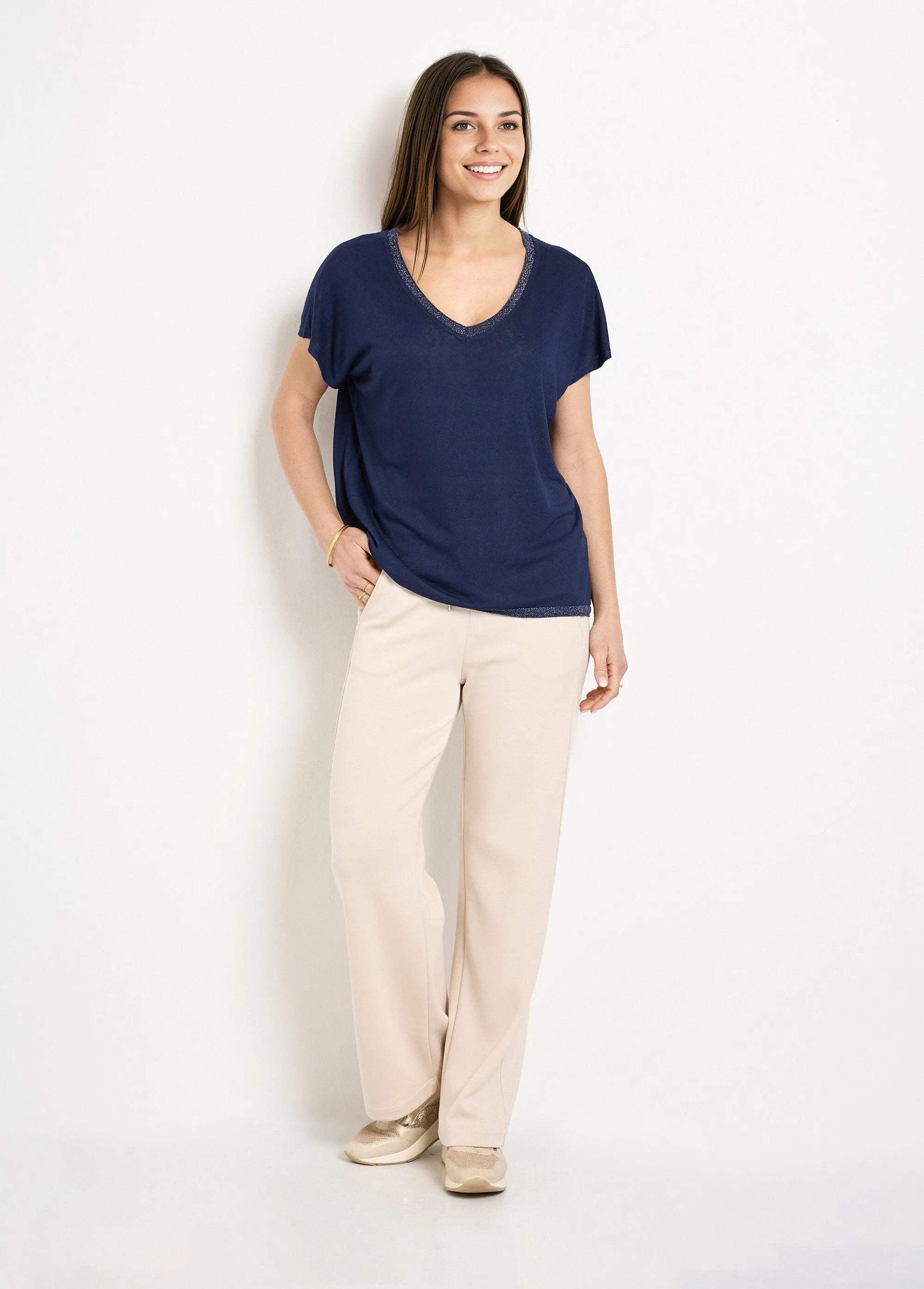 Slub knit kimono sleeve T-shirt