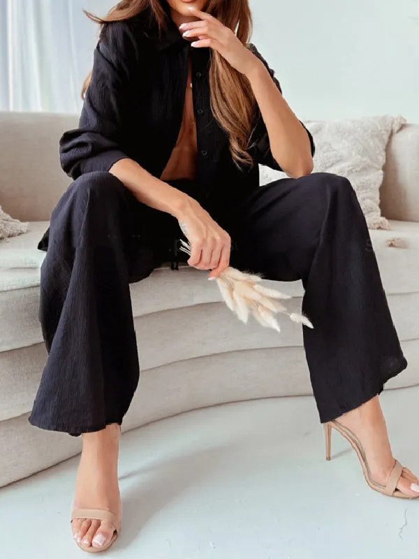 Solid Color High-Low Long Sleeves Lapel Blouses   Drawstring Pants Two Pieces Set