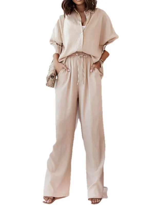 Solid Color High-Low Long Sleeves Lapel Blouses   Drawstring Pants Two Pieces Set