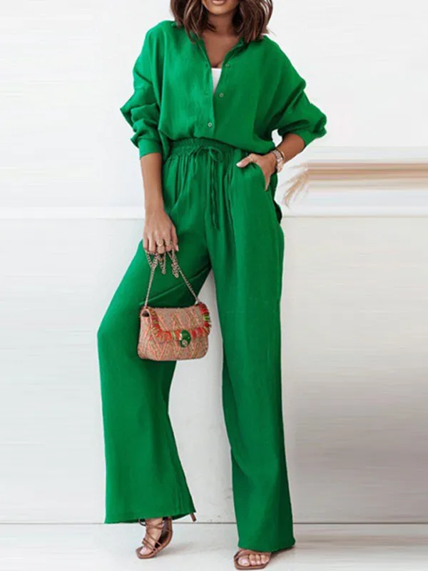Solid Color High-Low Long Sleeves Lapel Blouses   Drawstring Pants Two Pieces Set
