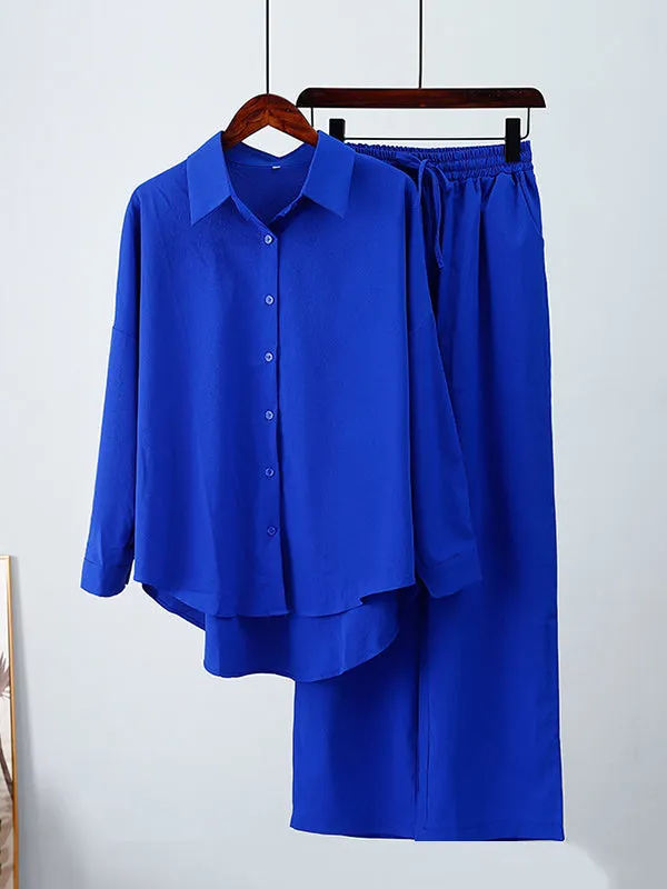 Solid Color High-Low Long Sleeves Lapel Blouses   Drawstring Pants Two Pieces Set
