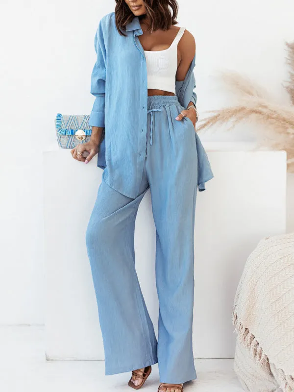 Solid Color High-Low Long Sleeves Lapel Blouses   Drawstring Pants Two Pieces Set