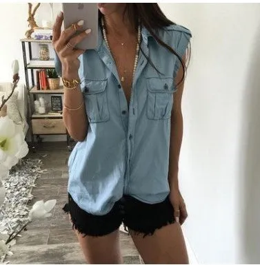 Summer Women Vintage Buttons Pockets Blouses Sexy Sleeveless Jeans Denim Blue Shirts