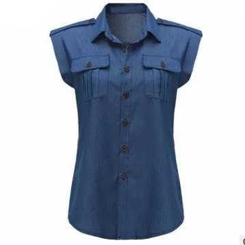 Summer Women Vintage Buttons Pockets Blouses Sexy Sleeveless Jeans Denim Blue Shirts