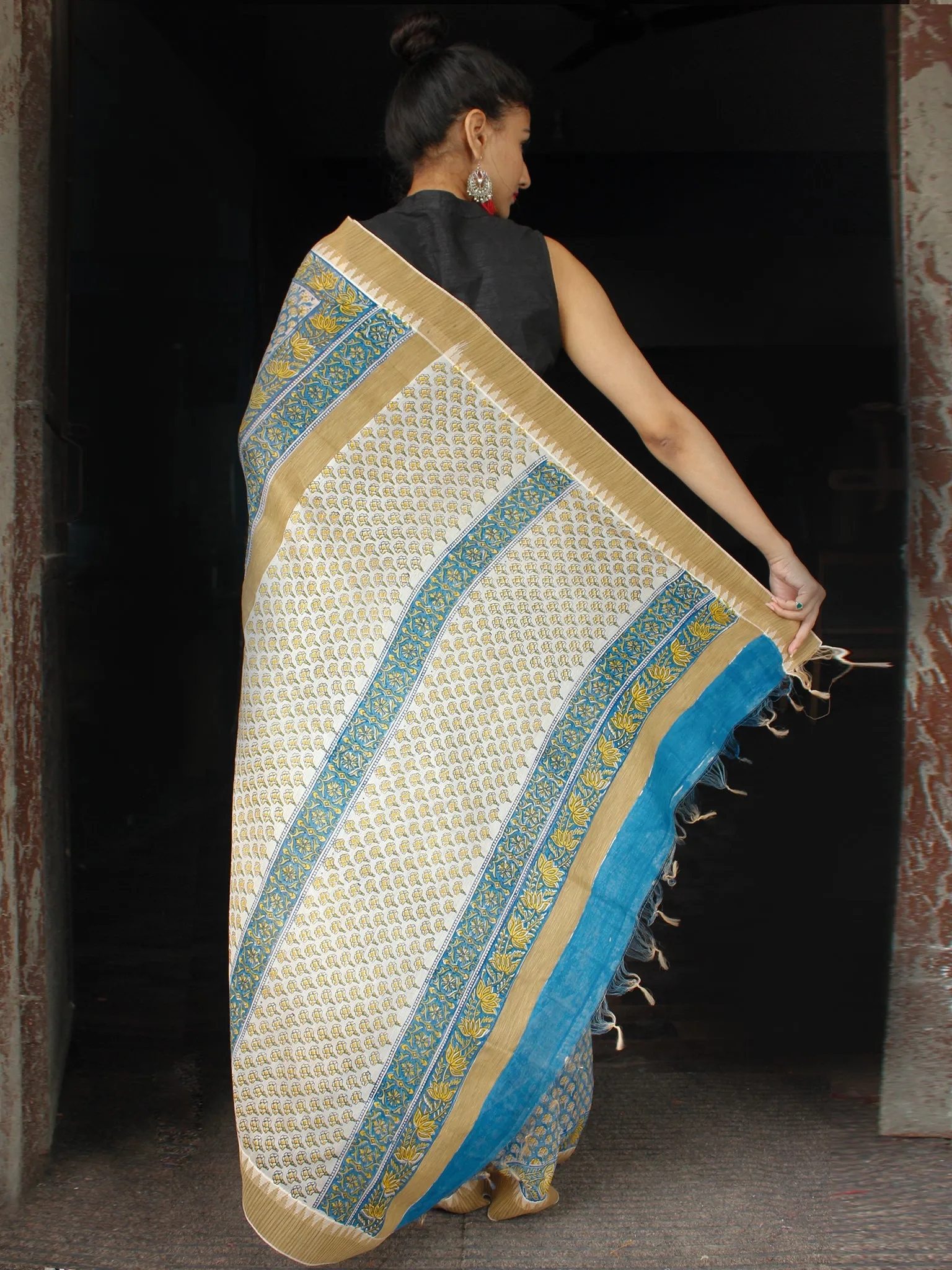Teal Blue Yellow Chanderi Silk Hand Block Printed Saree With Geecha Border - S031703614