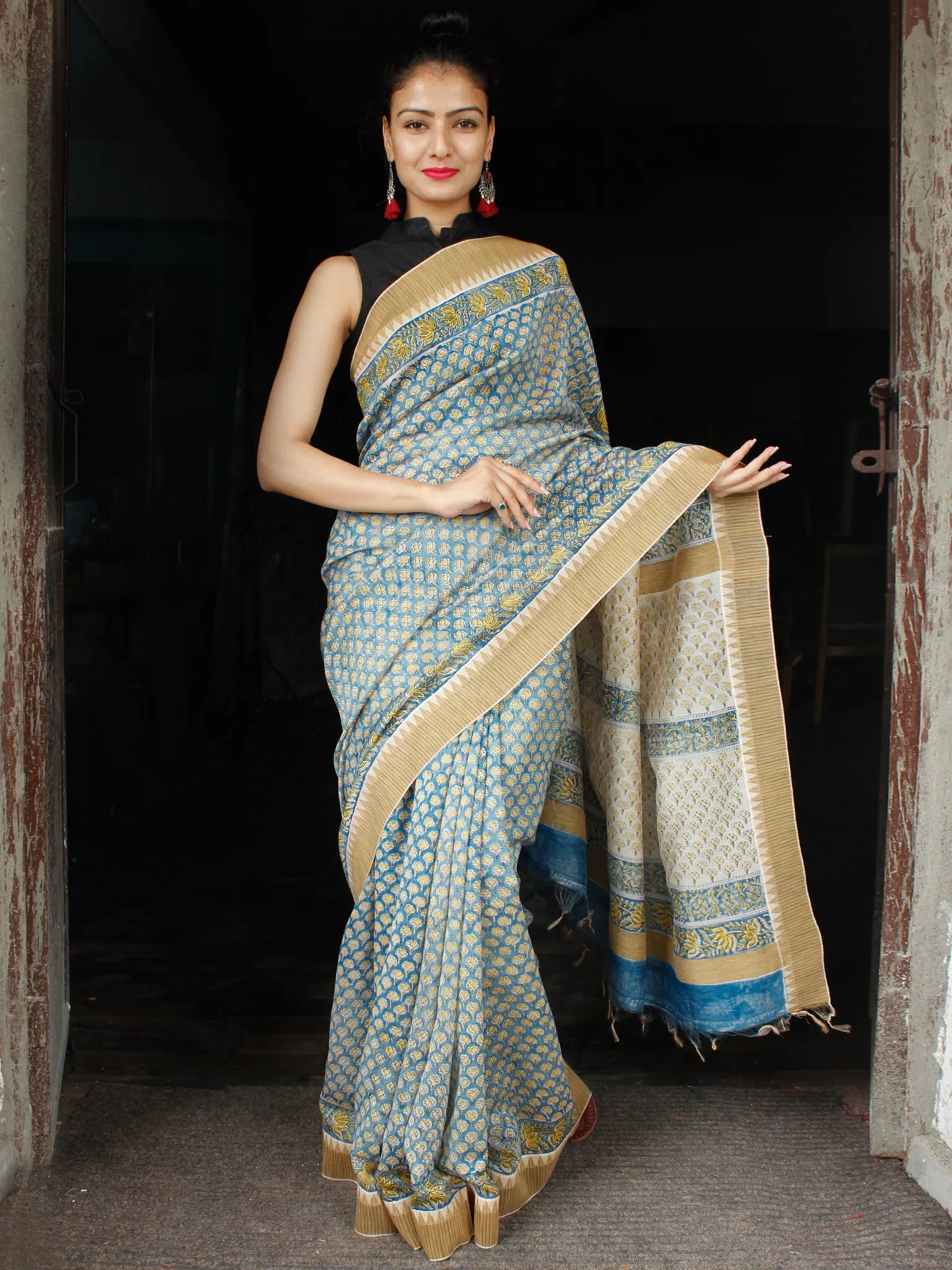 Teal Blue Yellow Chanderi Silk Hand Block Printed Saree With Geecha Border - S031703614