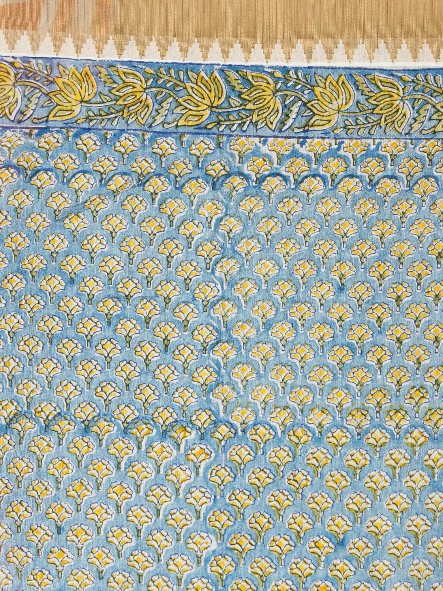 Teal Blue Yellow Chanderi Silk Hand Block Printed Saree With Geecha Border - S031703614