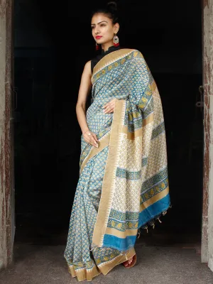 Teal Blue Yellow Chanderi Silk Hand Block Printed Saree With Geecha Border - S031703614