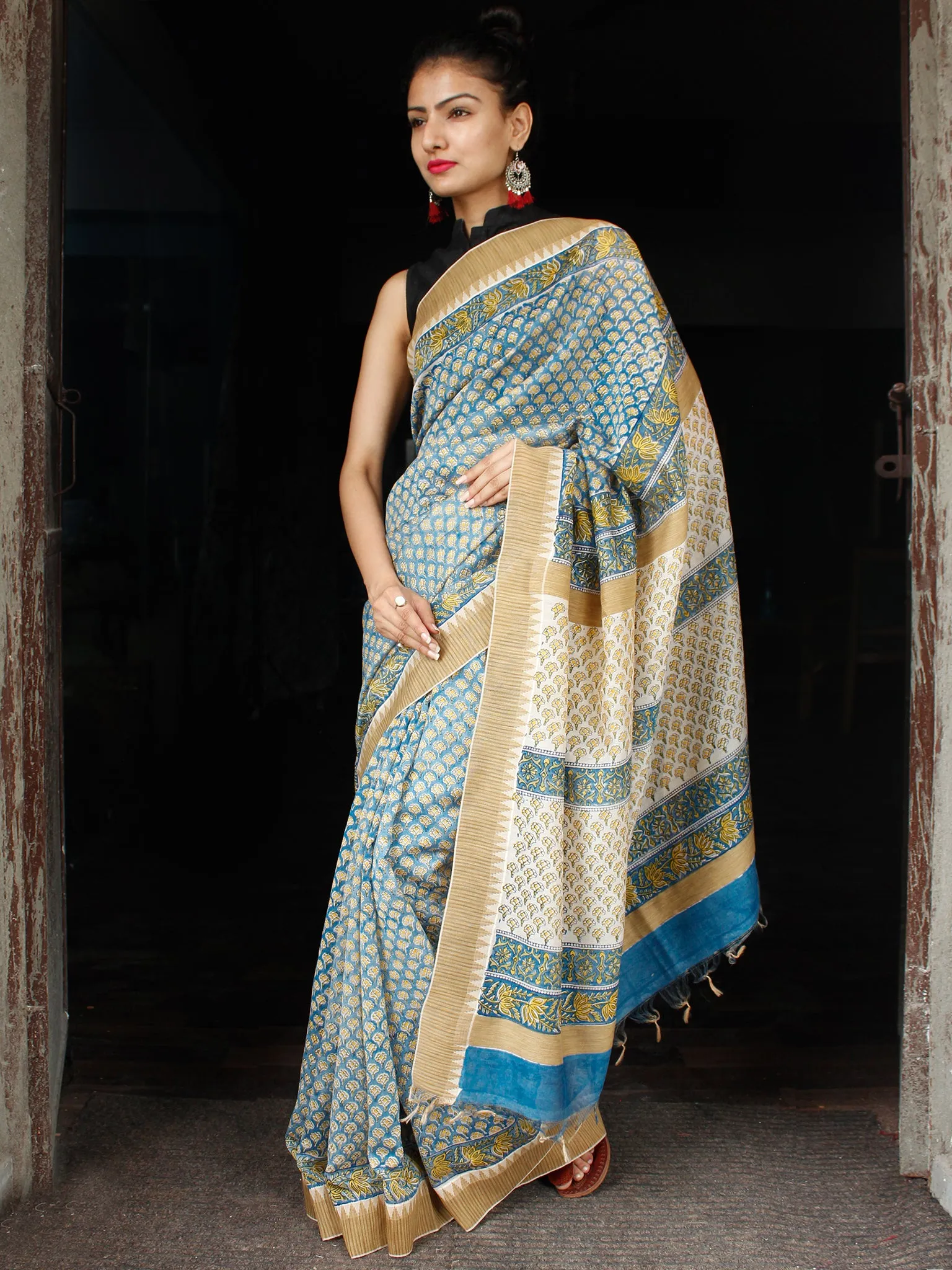 Teal Blue Yellow Chanderi Silk Hand Block Printed Saree With Geecha Border - S031703614