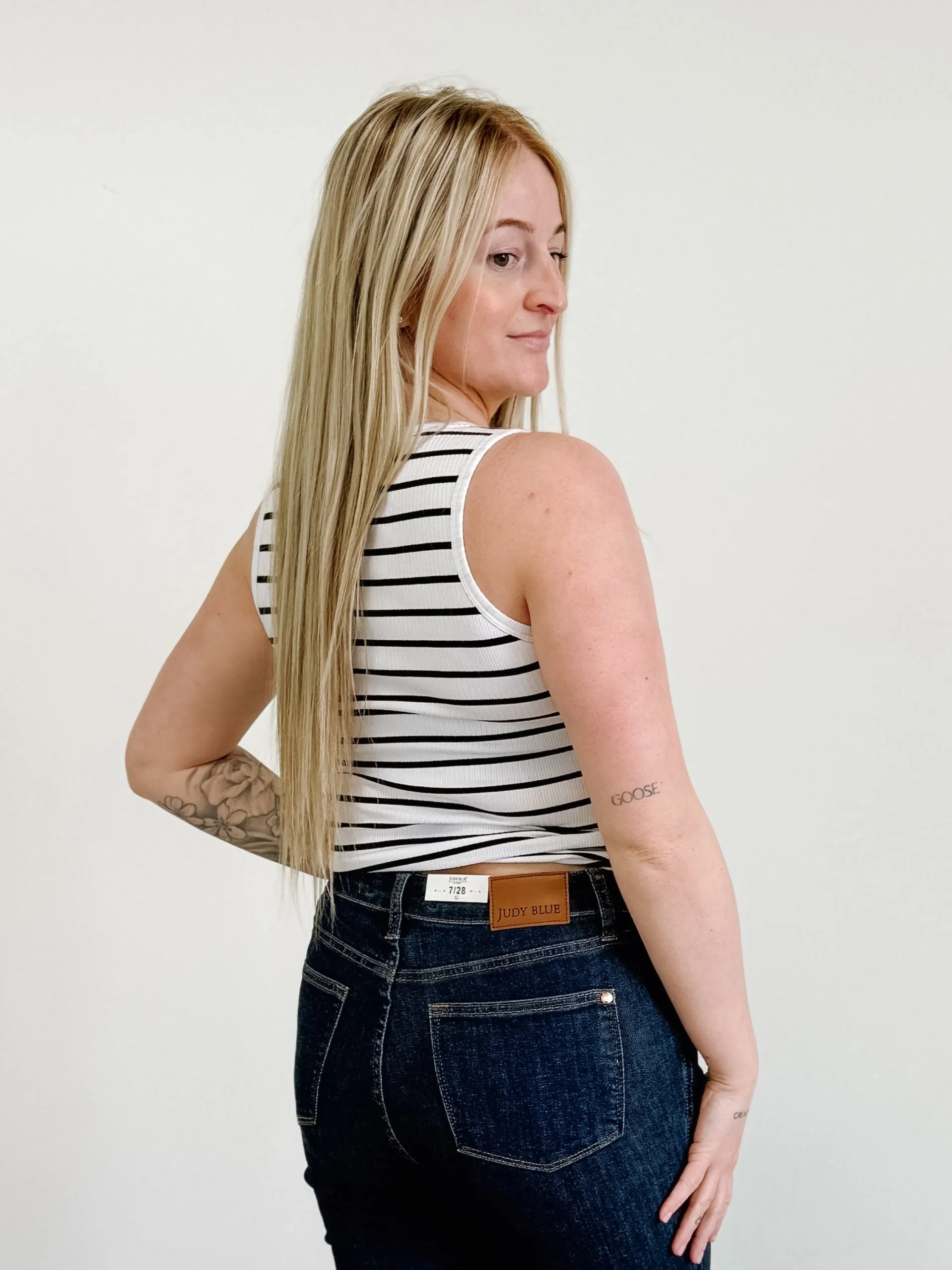 The Classic Ribbed Tank in White / Black Stripe