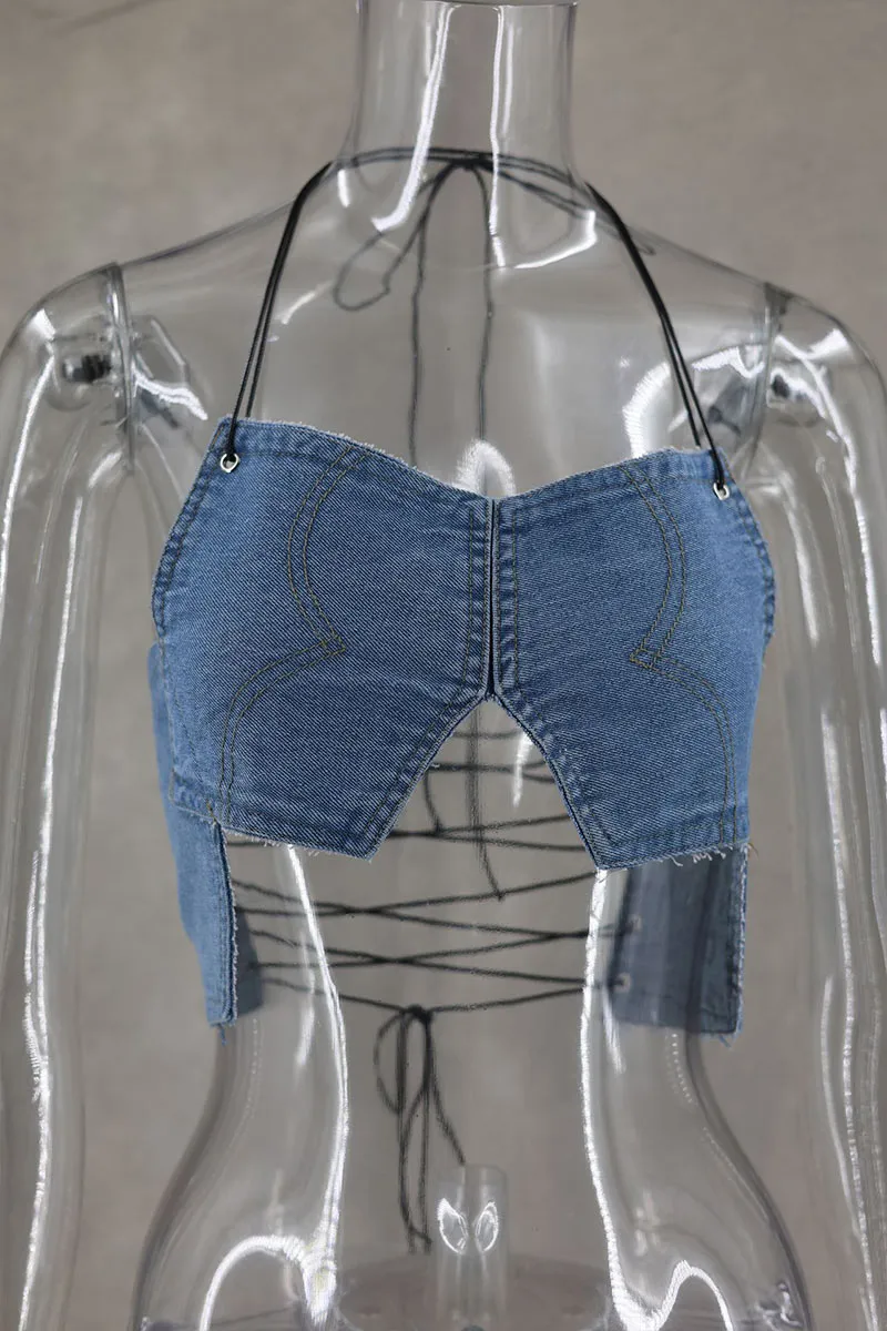 TM0556 Denim Halter Cami Top