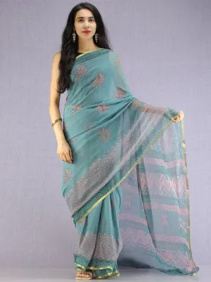 Turquoise Coral Green Hand Block Printed Chiffon Saree with Zari Border - S031704613