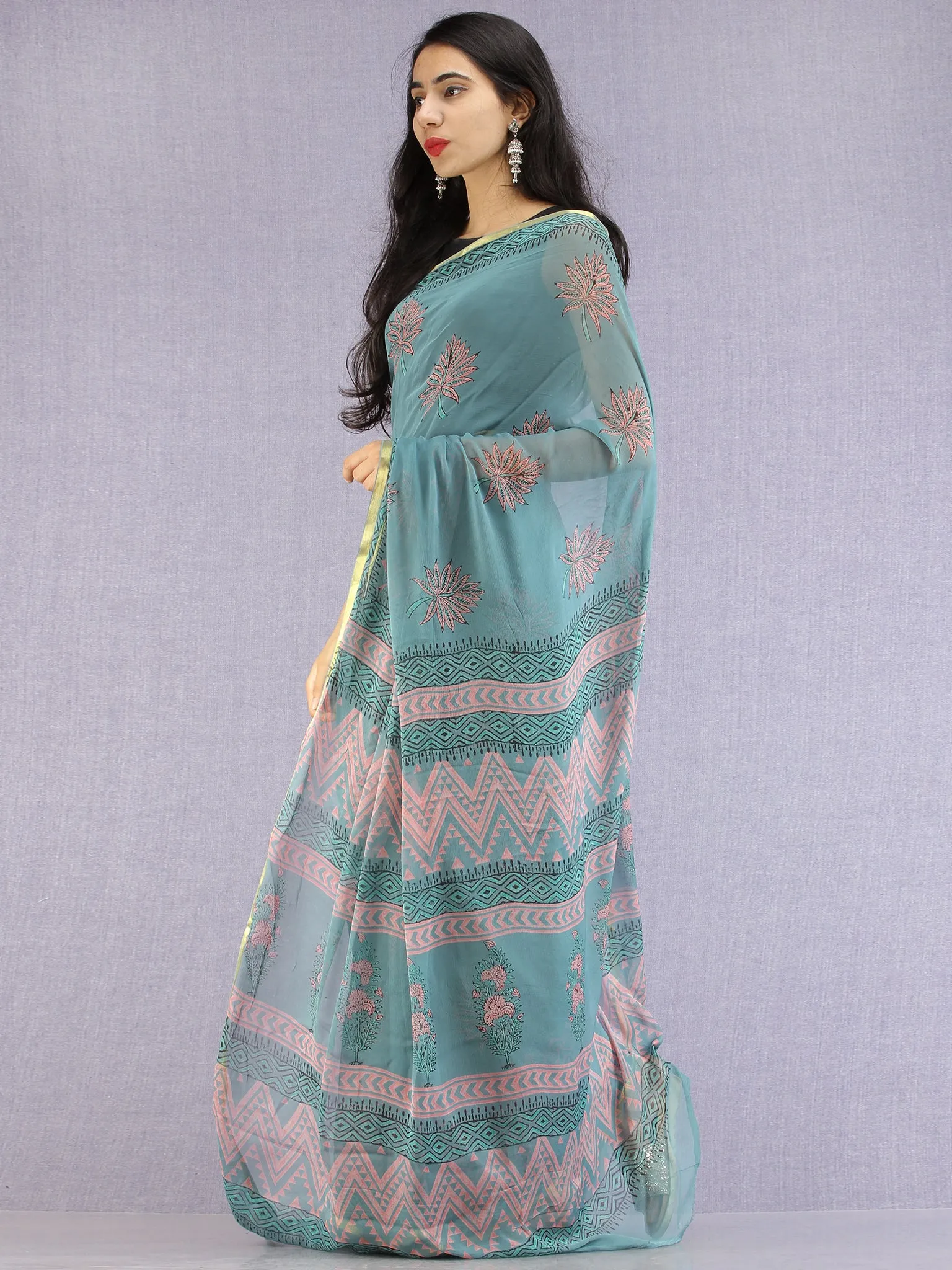 Turquoise Coral Green Hand Block Printed Chiffon Saree with Zari Border - S031704613