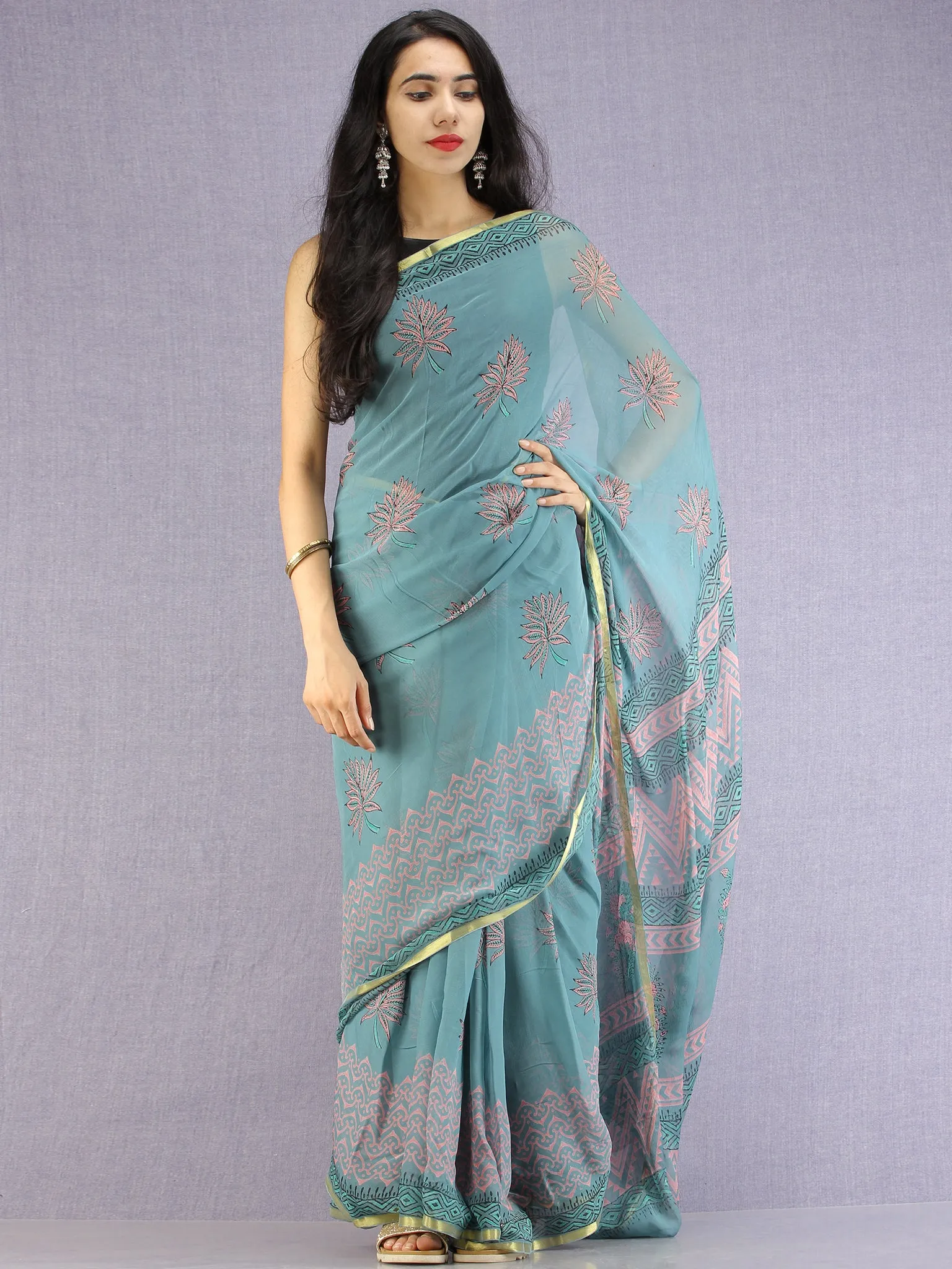 Turquoise Coral Green Hand Block Printed Chiffon Saree with Zari Border - S031704613
